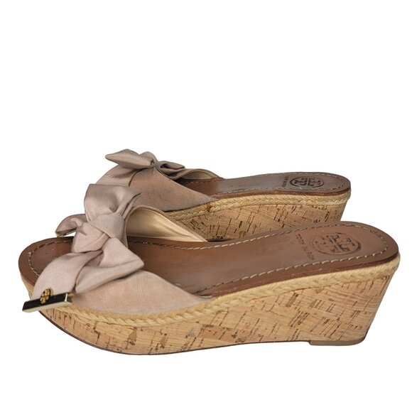 Tory Burch penny Leather Sole cork Wedge Sandals Bow Detail Size 6.5 Light Brown - Picture 7 of 12